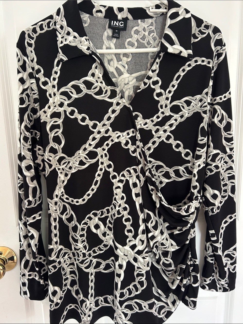 INC International Concepts Black Blouse with White Chain Print